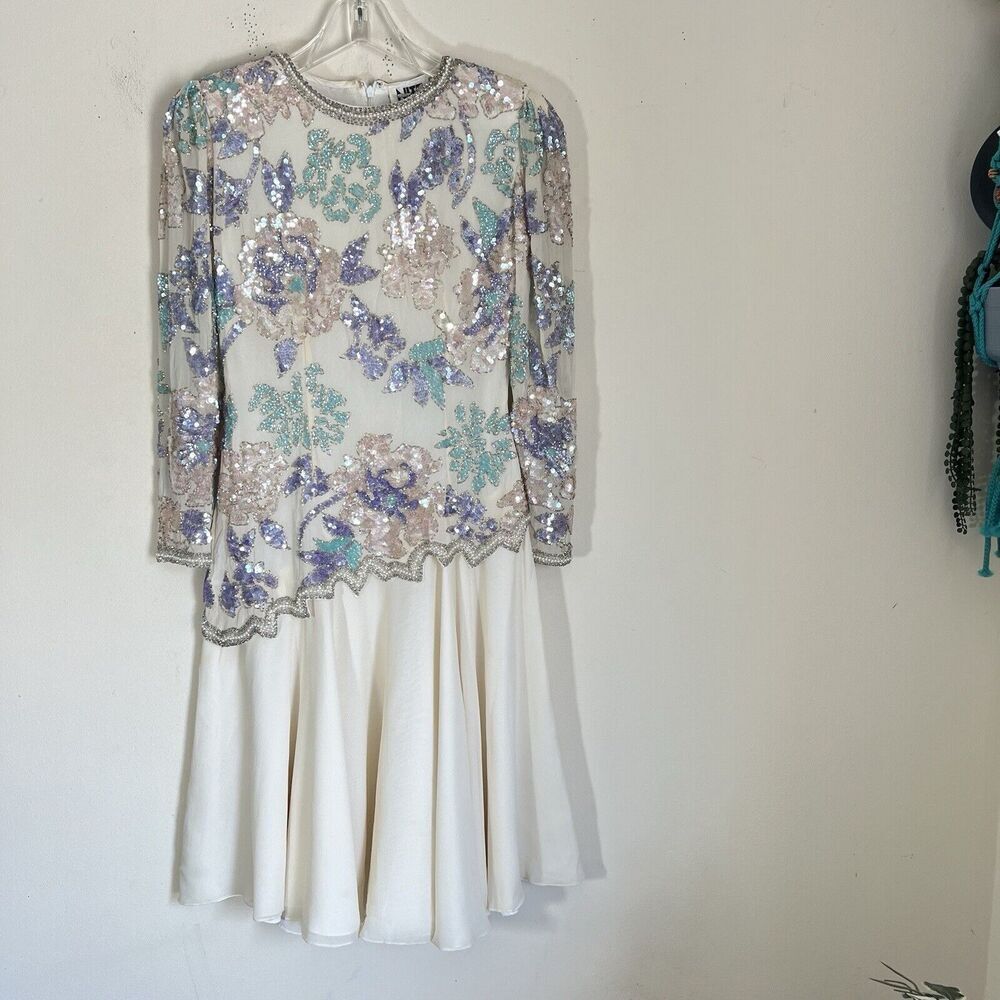 Vintage NiteLine Silk Sequins Beaded Dress A-Line Size 6 100% SILK Long sleeve